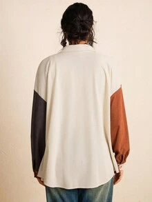 SHEIN LUNE Áo sơ mi rộng rãi màu sắc khối nhung retro giản dị cỡ lớn - Nhiều màu - Xem 2