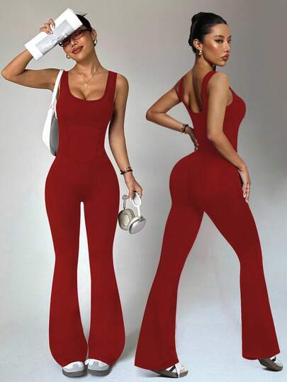 Easithlete 女式黑色无袖连体裤，U 领，后背镂空，高腰，喇叭裤腿，适合春夏季休闲、健身、瑜伽、跑步