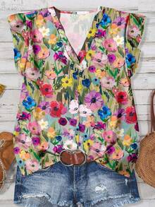 SHEIN LUNE Women's Casual Floral Print V-Neck Blouse With Flutter Sleeves, Suitable For Summer, Early Autumn And Fall Chic Blouses For Women Flower Shirt Floral Blouse Summer Blouse Summer Top Floral Top