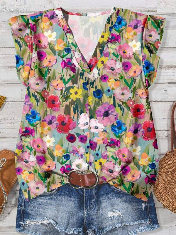 EMERY ROSE Women's Casual Floral Print V-Neck Blouse With Flutter Sleeves, Suitable For Summer, Early Autumn And Fall Chic Blouses For Women