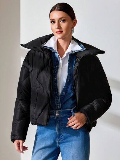 CLARA VERO Black Short Puffer Jacket: Cropped Relaxed Fit, Suitable For Daily Casual Wear Or City Style In Cold Weather, Crafted From Durable Quilted Polyester Shell With Cozy Down-Effect Filling And A Modern Oversized Collar For Extra Comfort