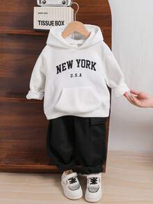 2pcs Young Boys White Autumn Back-To-School Career Day Letter Embroidered Fuzzy Collar Jacket,Elastic Waist Pants,Kids Jogger Hoodie Sweatpants Set - Black and White - View 4