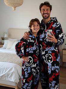 Men's Long Sleeve & Pants Hooded Jumpsuit With Smiling Face Graffiti Elements, In Red & Blue Colors, Combining Vibrant Street Style, Casual & Exaggerated Dynamic Look Hooded Pajamas, Fall