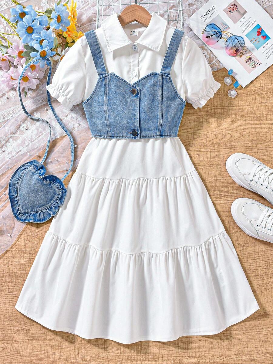 SHEIN Vestido de camisa de manga abullonada y dobladillo con ribete de volantes y bolsa 2 en 1 para niñas preadolescentes - Blanco - Ver 1