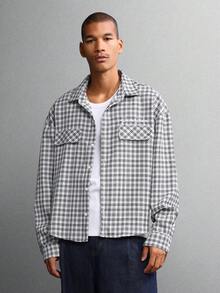 SUMWON Camisa de franela a cuadros corta con botones, manga larga, camisa de trabajo de estilo casual de calle, ajuste regular, con forro cepillado, ropa de trabajo utilitaria con bolsillos delanteros