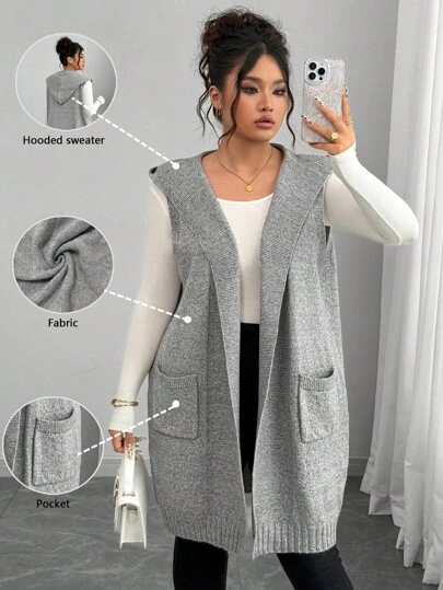 Elenzga Damen Große Größen Französischer Stil gestrickter Mittellangjacke mit Kapuze, ärmellose gestrickte Sweatjacke, lässige, vielseitige Pendler-Lässig Kleidung, Kapuzen-Ärmellose Strickjacke mit Taschen in Grau