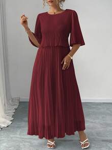 Elenzga Vestido elegante de gasa plisada de unicolor para mujer de talla grande, primavera/verano