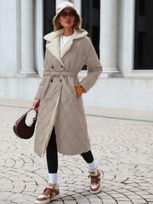 RueChic Women'S Solid Color Button-Up Lapel Collar Long Padded Coat - Beige - View 4