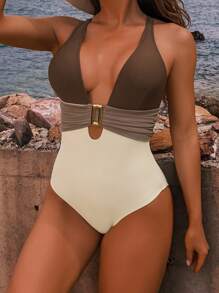 Shapewave Đồ bơi một mảnh cắt cao có họa tiết kim loại, màu tương phản, có thể điều chỉnh, kiểm soát bụng, dáng chữ thập phía sau, dành cho kỳ nghỉ hè trên bãi biển dành cho nữ - Nhiều màu - Xem 5