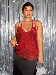 Cravure 加大码女式亮片优雅吊带背心舞会 - 紅色 - 查看 7