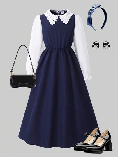 复古法式甜美蕾丝彼得潘领泡泡袖二合一连衣裙，适合少女的柔腰束腰长裙