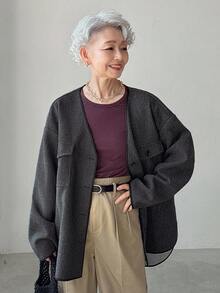 FRIFUL 女士时尚宽松落肩休闲外套 女士开衫 薄款开衫 老年女性服装 日本风服装 亚麻服装 女士外套 - 灰色 - 查看 1