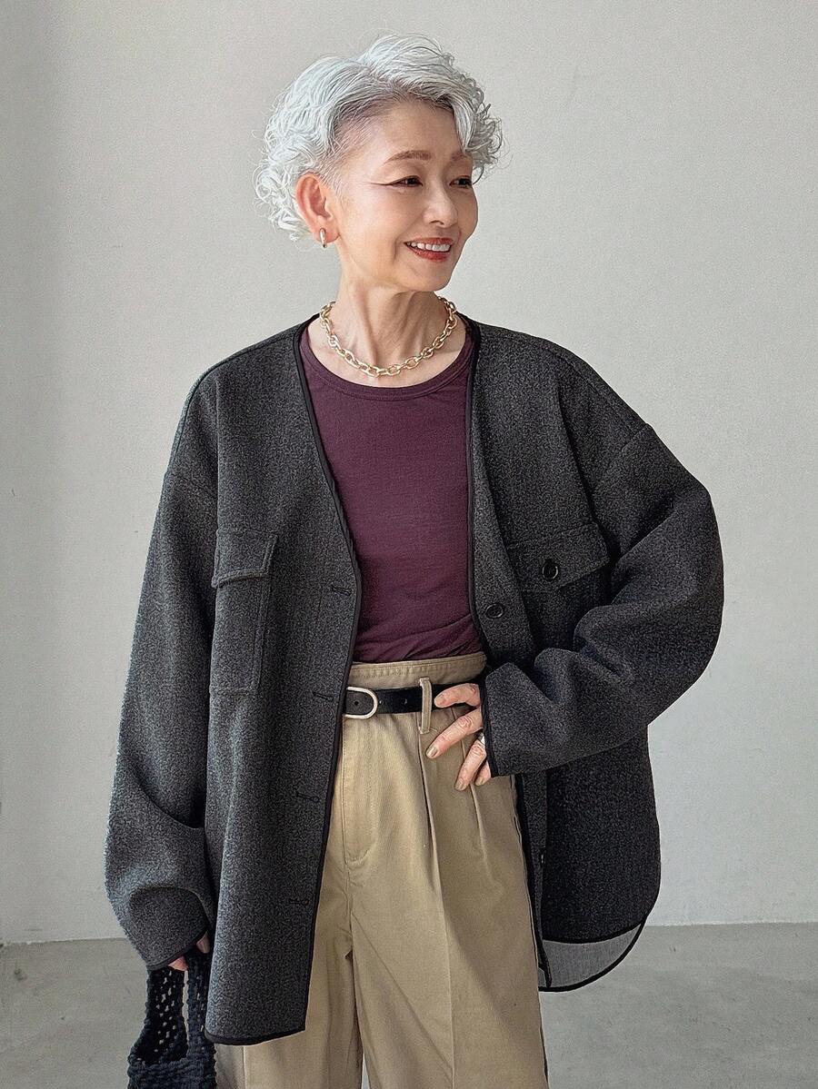 FRIFUL 女士时尚宽松落肩休闲外套 女士开衫 薄款开衫 老年女性服装 日本风服装 亚麻服装 女士外套 - 灰色 - 查看 1