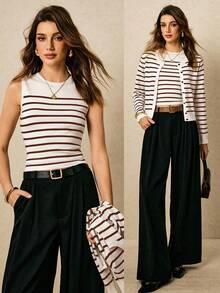 Poéselle 秋冬女士休闲条纹印花毛衣两件套 - 咖啡棕 - 查看 1