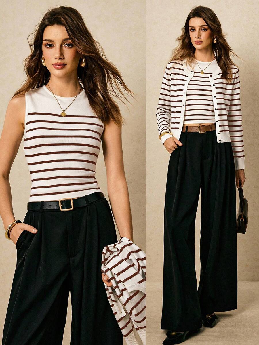 Poéselle 秋冬女士休闲条纹印花毛衣两件套 - 咖啡棕 - 查看 1