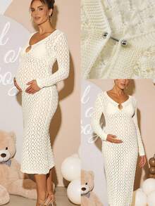 Loomaby Maternity Hollow Out Design Long Sleeve Fitted Knit Dress  Gender Reveal Dress Maternity Dress Baby Shower Dress