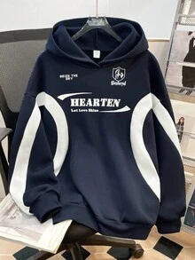 SHEIN Teen Girl Colorblock Letter Print Pattern Loose Casual Hoodie Sweatshirt,In Fall/Winter