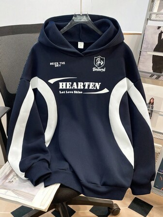 SHEIN Teen Girl Colorblock Letter Print Pattern Loose Casual Hoodie Sweatshirt,In Fall/Winter