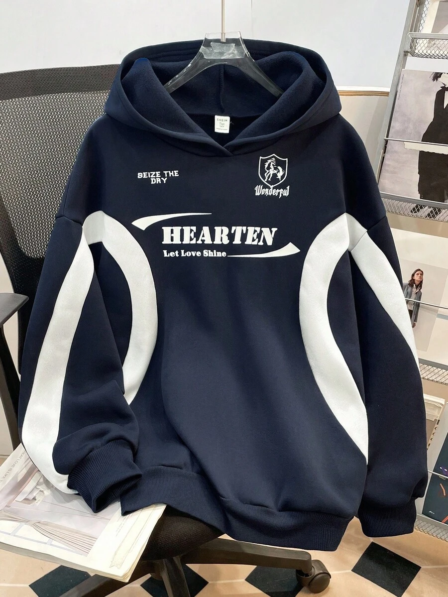 SHEIN Teen Girl Colorblock Letter Print Pattern Loose Casual Hoodie Sweatshirt,In Fall/Winter