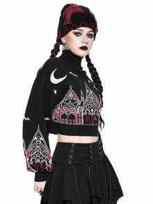 ROMWE Gothic Halloween Castle & Cross Pattern Women's Turtleneck Contrast Color Pullover Sweater - Black - View 8