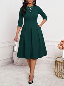 SHEIN Lady 春夏秋冬优雅办公室派对新年女士连衣裙 - 墨綠色 - 查看 4