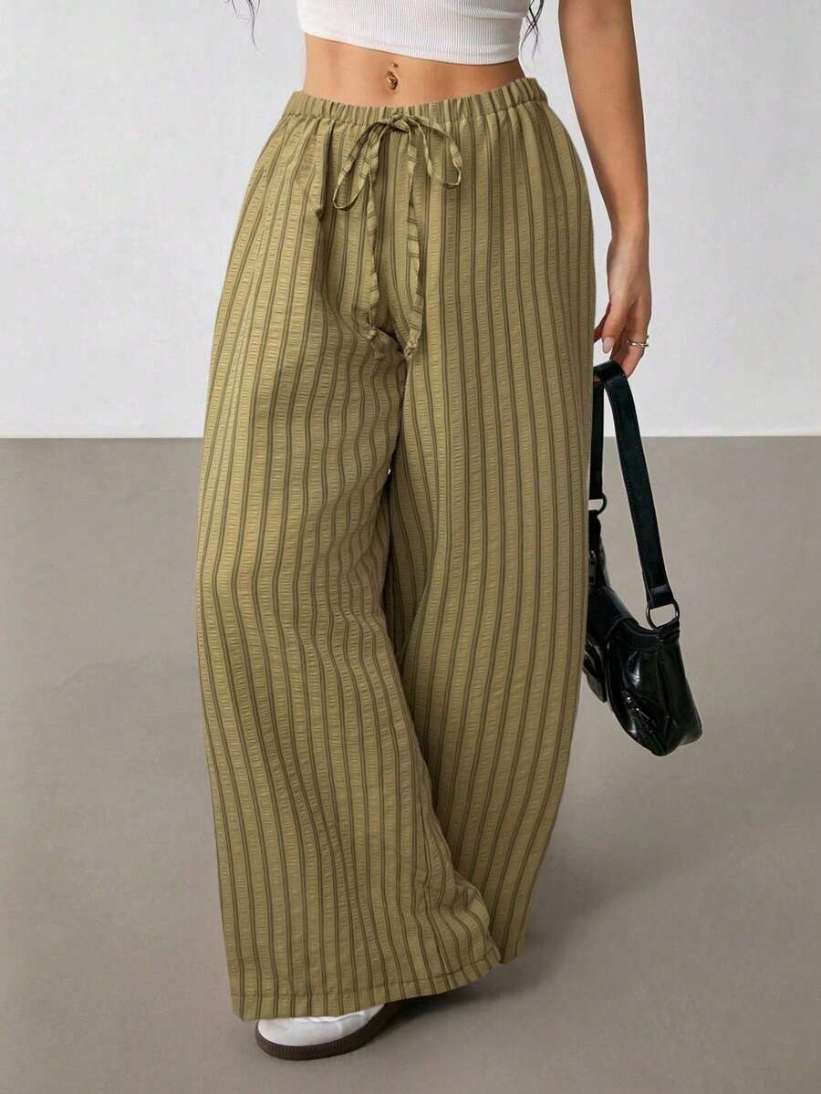 SHEIN PETITE 女士系带腰条纹阔腿宽松休闲裤 - 軍綠色 - 查看 1