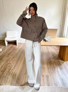 SHEIN EZwear Trench Coats New Autumn Old Money Women's Autumn Fashion Street Chic High Collar Dropped Shoulder Loose Flap Pocket Short Trench Coat Brown Clothes - Mocha Brown - View 6