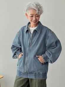 Áo khoác denim túi khóa kéo thường ngày dành cho nữ - Màu xanh lam - Xem 4