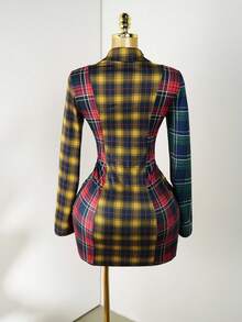 Mistrie 女式格子长袖单排扣镂空系带性感衬衫连衣裙 - 彩色 - 查看 2