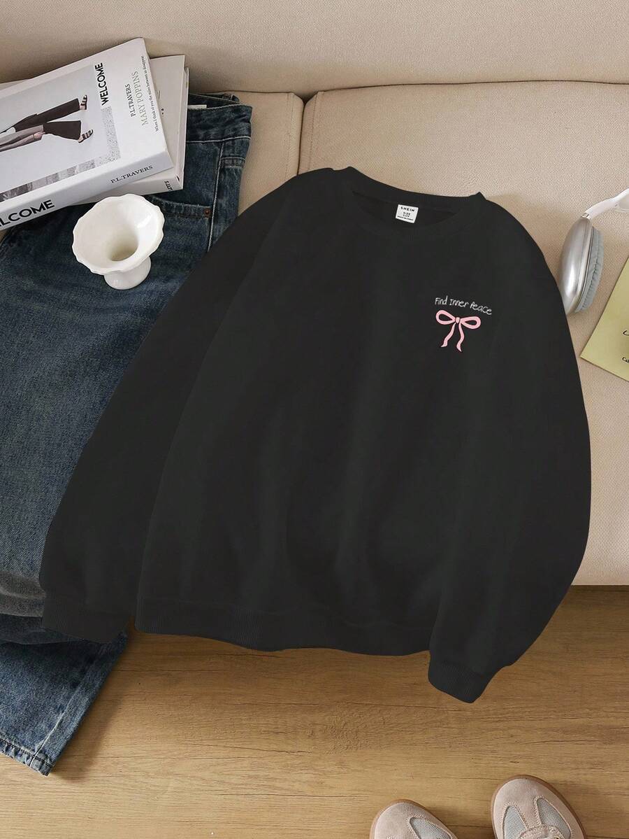 Sudadera con cuello redondo y lazo con cinta para niña preadolescente "Encuentra la paz interior"