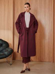 Glisette Manteau long minimaliste élégant à coupe droite de couleur unie à manches longues pour femmes, automne/hiver - Rouge foncé - Voir 5