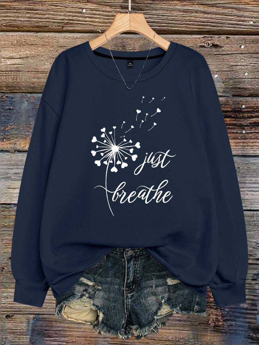 EMERY ROSE 加大码蒲公英印花和字母印花夏季女士圆领休闲运动衫秋冬款 - 藏蓝色 - 查看 1