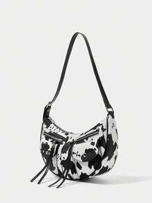 SHECARRY Ladies, Women Shoulder Bag, Hobo Bag, Cow Print, Animal Print, Black And White, Fashionable, Personalized, Simple, Versatile, Street, Sweet And Cool Girls, Hot Girls, Y2k, Rivets, Teenagers(Adjustable Shoulder Strap) - Black and White - View 3
