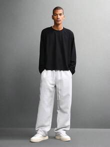 SUMWON Premium Wide Leg Skater Fit Textured Melange Pants Drawstring Relaxed Trousers High Waist Versatile Bottoms Fall Winter Casual Comfort - White - View 3