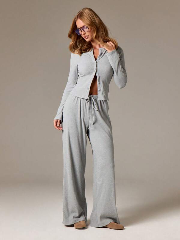 AiiRZ Women Luxurious Ribbed Knit Co-Ord Set Long Sleeve Button Up Cardigan With Wide Leg Palazzo Pants Fall Winter Loungewear