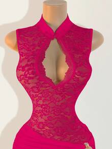 BamGleam Seksowna i modna sukienka w jednolitym kolorze z rozcięciem z boku i kołnierzykiem w stylu cheongsam z koronką - Wyrazisty róż - Zobacz 6