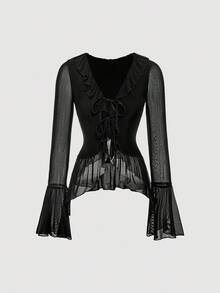 SHEIN MOD 女式优雅纯色 V 领系带喇叭袖荷叶边透明衬衫 - 黑色 - 查看 2