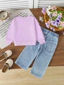 SHEIN مجموعة بناطيل جينز وبلوزة كم طويل مطرزة بالزهور للبنات الصغار، قطعتان - ارجواني بنفسجي - مشاهدة 2