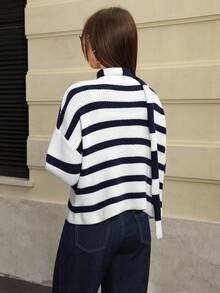 Flirla Damen Lässiger Pendler V-Ausschnitt Locker Kontrast Gestreiftes Muster Knopf-Cardigan, Herbst/Winter - Blau-Weiß - Übersicht 2