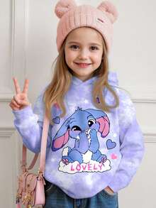 SHEIN Áo nỉ dài tay có mũ, dáng rộng, thoải mái, họa tiết thỏ xanh hoạt hình dễ thương dành cho bé gái, nhuộm màu tím tươi tắn, thích hợp mặc hàng ngày, phù hợp cho mùa thu/đông, đi chơi mùa thu, dễ chịu, mặc nhiều lớp mùa thu, thời trang, mặc thường ngày, họa tiết đồ họa, đi học, mùa thu, áo nỉ có mũ dễ thương cho lễ hội trường. - Nhiều màu - Xem 5