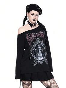 ROMWE Áo thun tay dài cổ bất đối xứng in hình búp bê kinh dị Gothic, Halloween - màu đen - Xem 8