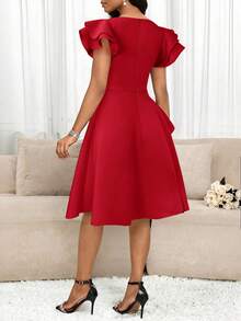 SHEIN Lady Vestido de verano elegante de mujer con volantes y adornos de strass en la cintura - Rojo - Ver 3