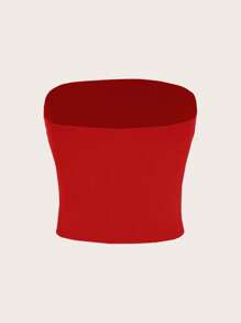 SHEIN EZwear Áo hai dây ôm sát dáng croptop màu trơn đơn giản dành cho nữ, thích hợp cho mùa hè - Màu Đỏ Sâu - Xem 2