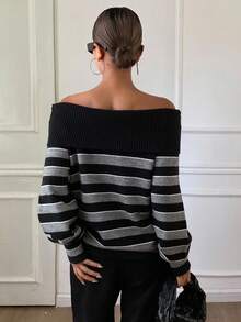 DAZY Contrast Stripe Off Shoulder Loose Long Sleeve Casual Street Knit Sweater For Women, Autumn/Winter - Black - View 2