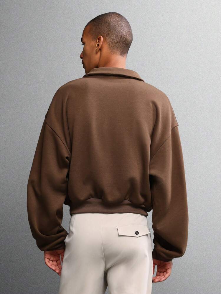 Essential Crop Sweatshirt With Collared Neck And Patch Pocket