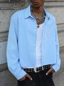 PAVTROS Manfinity Streetrush Men's Street Style, Versatile Solid Color Short Sleeve Shirt, Suitable For Street Wear, Casual Daily, Weekend Outings, Music Festivals, Social Gatherings. This Shirt Is An Essential Versatile Piece In A Man's Wardrobe, Making It A Great Gift For A Boyfriend Or Husband. Men Cropped Button Up Shirt Men Boxy Shirt Men Light Blue Shirt Men Baby Blue Shirt Sky Blue Button Shirt Men, Fall, Old Money Style - Blue - View 3