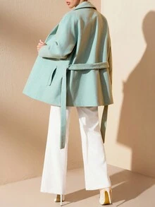 EURMUSE 女士纯色长袖系带大衣，秋冬简约风格 - 薄荷綠 - 查看 2
