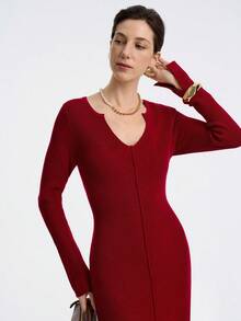 Aalyst Rochie lungă elegantă din angora, cu decolteu în V, talie mulată, linie A, subțire și grațioasă, mânecă lungă, potrivită pentru primăvară și toamnă - Burgundia - Vizualizare 5