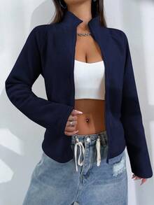 Flirla Women's Casual Daily Sports Minimalist Solid Color High Neck Raglan Sleeve Zip-Up Fleece Jacket, Autumn