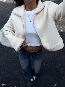 Siren Gaze 1 Áo khoác lông cừu có khóa kéo thường ngày cho nữ, mùa thu - Màu be - Xem 6